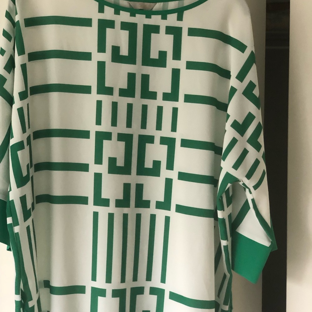 Green Silk and White Geometric Print Women's Top New